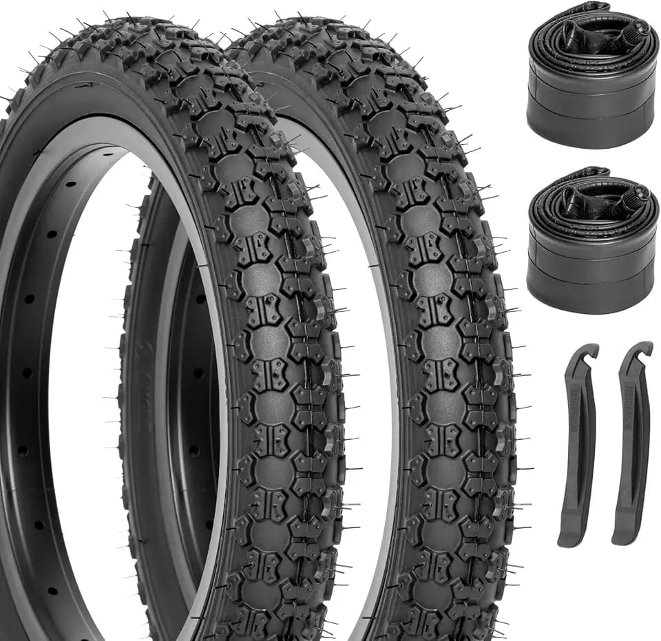 Hycline Kids Bike Replacement Tires Set: 2-Pack 12.5/14/16/20x2.125 Inch Premium Butyl Rubber Wear-Resistant Folding Bicycle Tires and 2 Pcs Bike Tubes Schrader Valve with Tire Levers for BMX MTB
