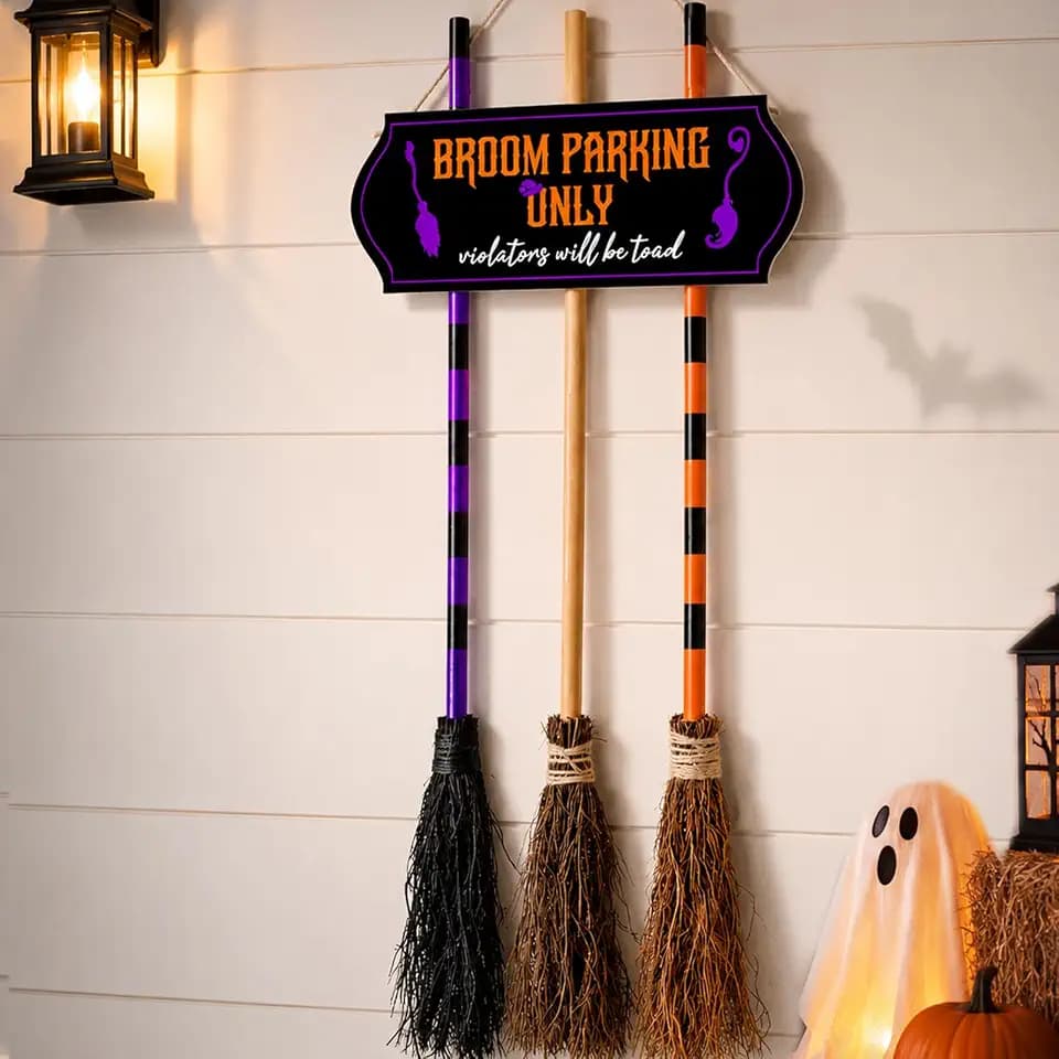 Halloween Broom Parking Sign with 3 Wooden Witch Brooms
