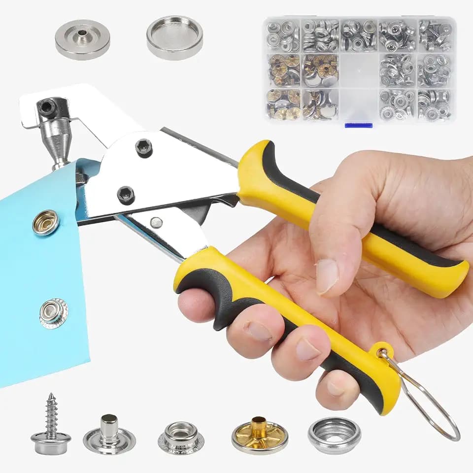 Heavy Duty Snap Fastener Tool Kit with 150 Sets Metal Snaps, Snap Button Pliers with 2 Dies, No Pre-Punch Needed Snap Installation Tool for Leather, Fabric, Canvas, Clothing, Bags & DIY Repair(Yellow)