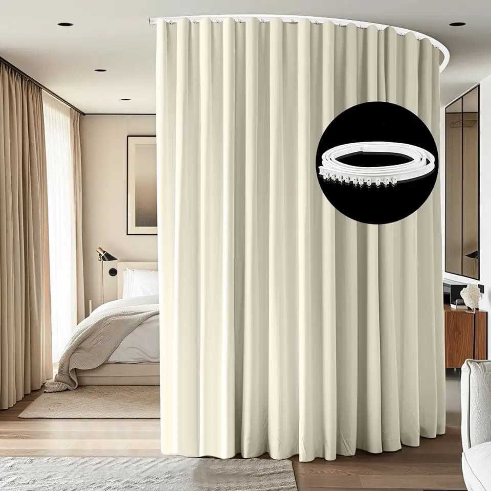 Room Divider Ceiling Mounted Curtains Track Sets Extra Wide Blackout Curtain Flexible Tracks for Bedroom Privacy Partition Separator, 1Panel Beige Drape and White Rail, W8.3 x H8ft