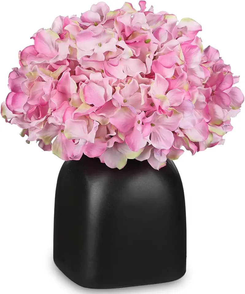 Briful Pink Hydrangea Artificial Flowers in Ceramic Vase, Black Vase Farmhouse Centerpieces for Tables, Dining Table Vase with Fake Flowers for Home Decor Indoor Kitchen Living Room