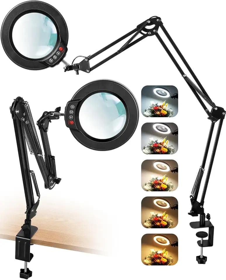 12X Magnifying Glass with Light and Clamp, Extra Long 3 Section Swing Arm