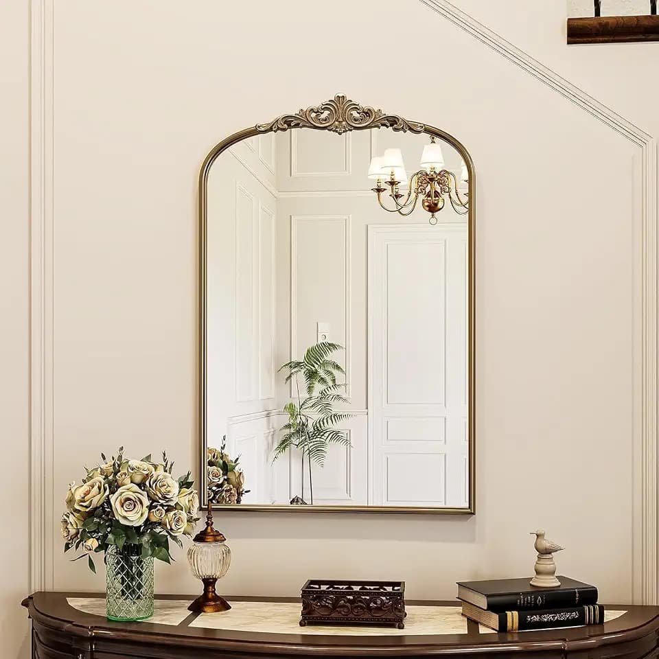 Antique Gold Arched Mirror, 24x32 Inch Vintage Golden Arch Mirror, Ornate Brass Mirrors for Bathroom, Vanity, Living Room, Bedroom, Hallway, Fireplace, Mantel