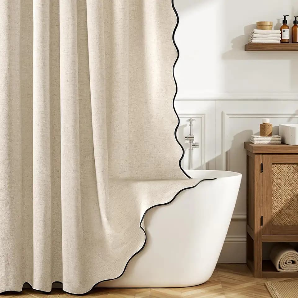 MIULEE Beige Scalloped Linen Shower Curtain 72W x 72L