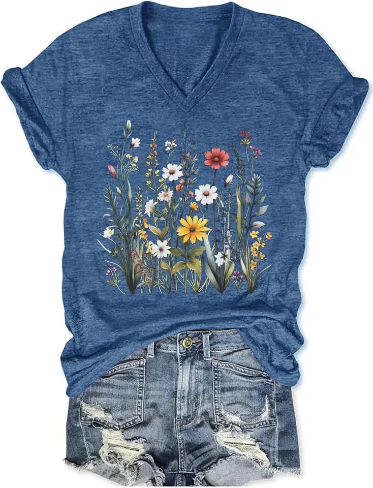 Women's T-Shirts V-Neck Dragonfly Tee Cute Summer Graphic Shirts Vintage Boho Flowers Short Sleeve T Shirt