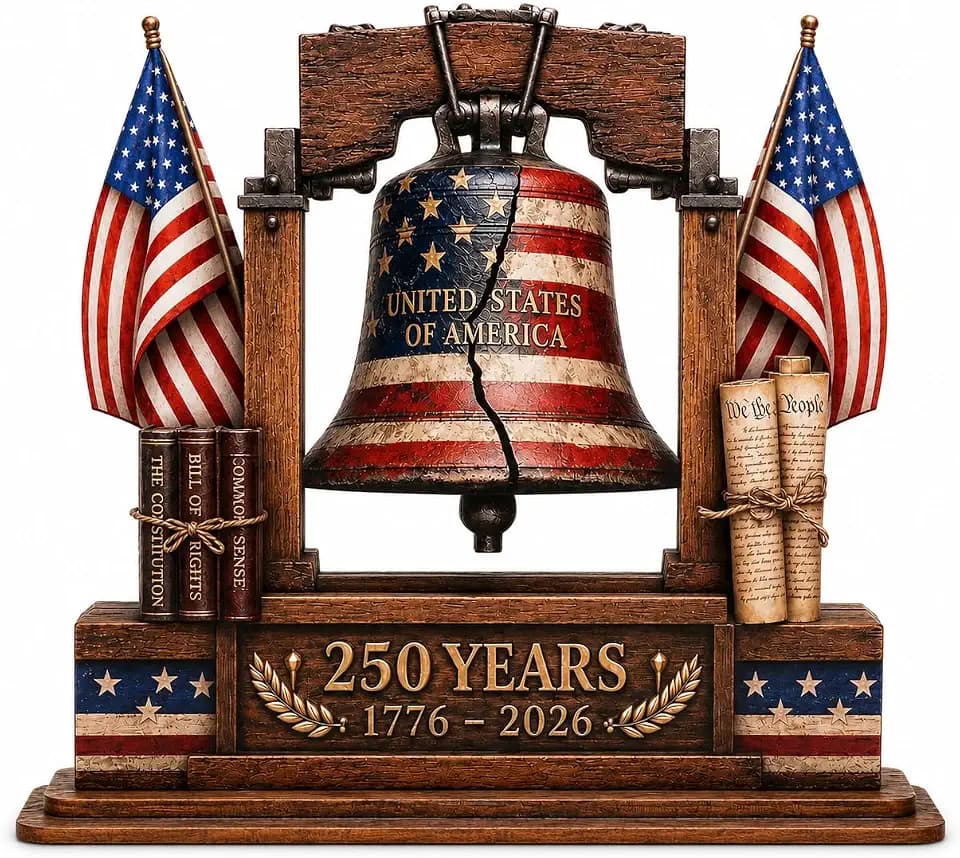 USA 250th Anniversary Wooden Plaque, 250th Anniversary Decorations, USA 250th Anniversary Merchandise, 250 Anniversary USA Merchandise, Liberty Bell Patriotic Table Decor, 4th of July Decorations, American Flag Independence Day Gift, Desk Shelf Display 1776-2026