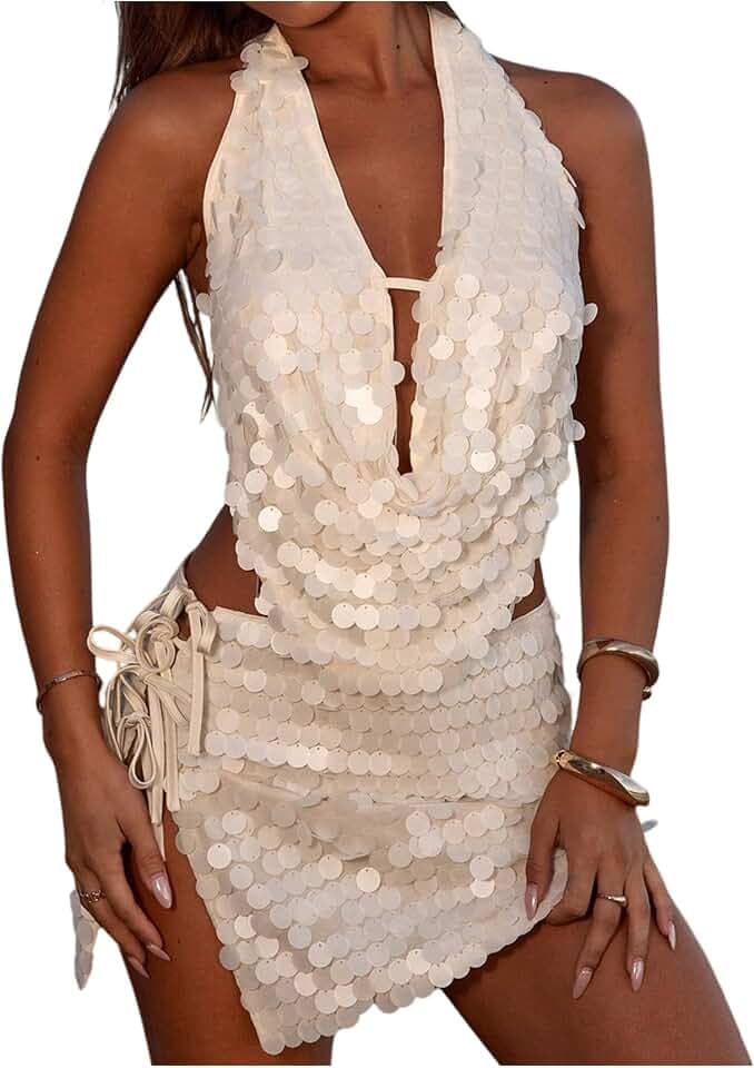 SweatyRocks Women's Y2K Sequin Halter Tops Draped Backless Sexy Going Out Tank Top Concert Party Clubwear
