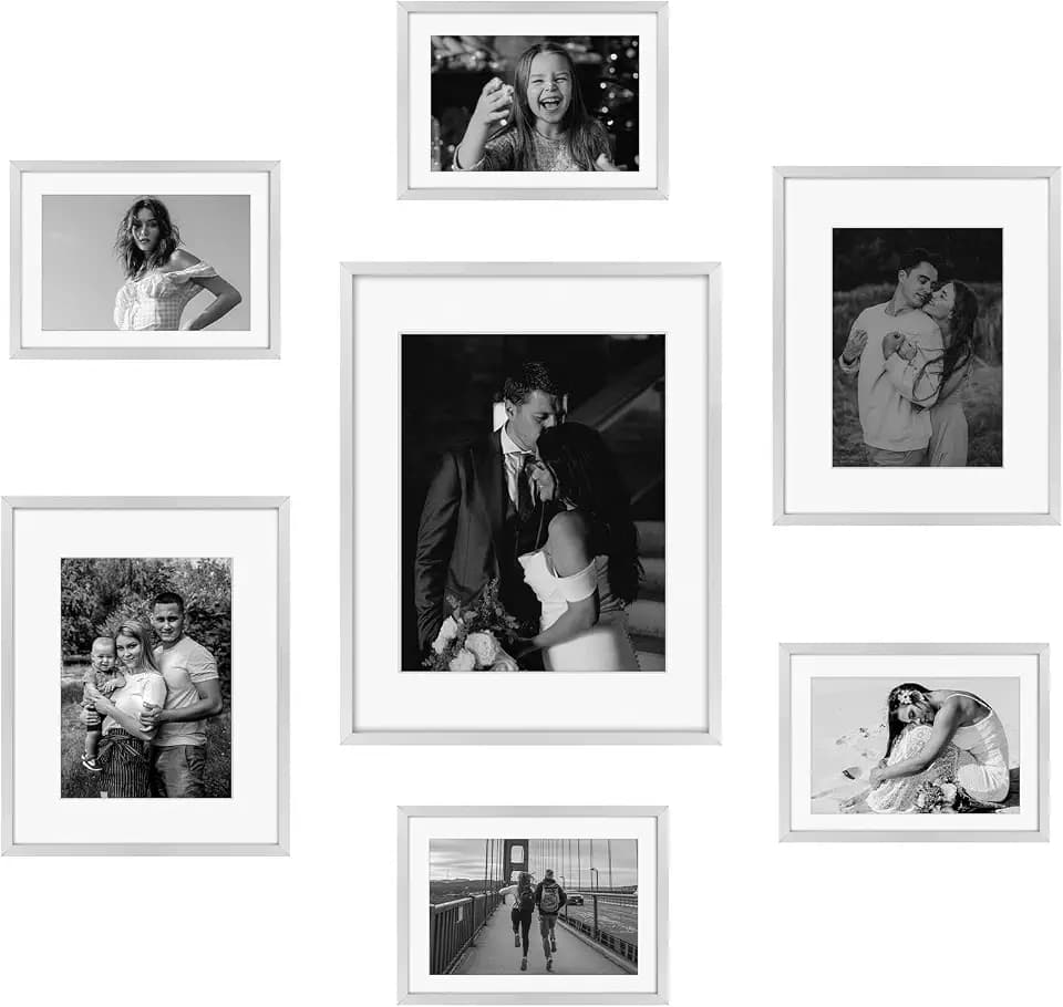 Frametory 7 Pack Aluminum Picture Frame with Mat for Gallery Wall, Silver