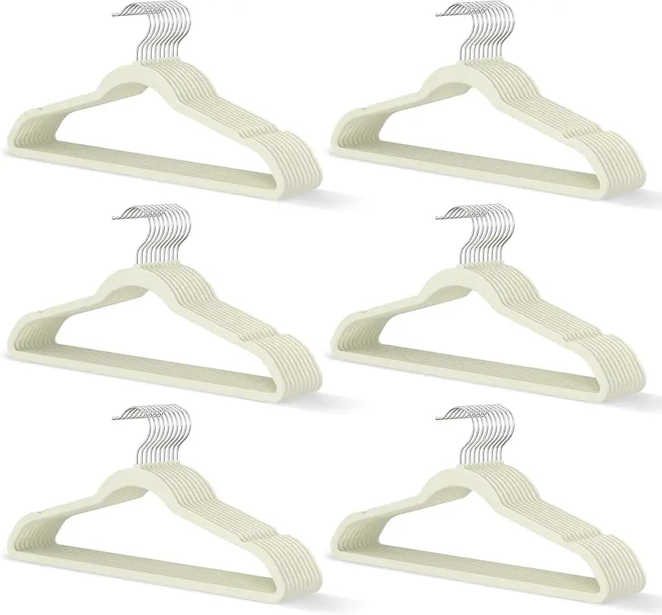 Ivory Velvet Hangers 60 Pack, Slim Space Saving Suit Hangers for Closet Organizer, Rotating Silver Hook, Non Slip Clothes Felt Hanger Heavy Duty for Coat,Shirt, Pants, Camisole, Dress