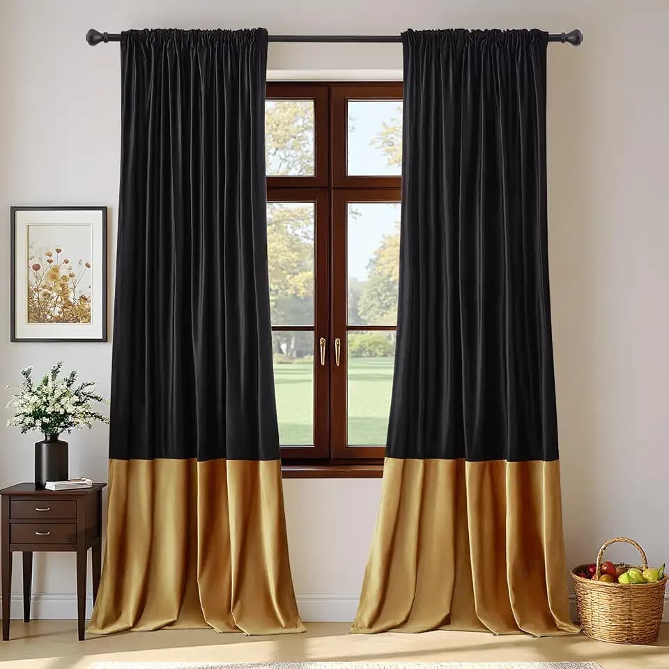 Luxury Black and Gold Velvet Blackout Curtains 96 inches for Living Room