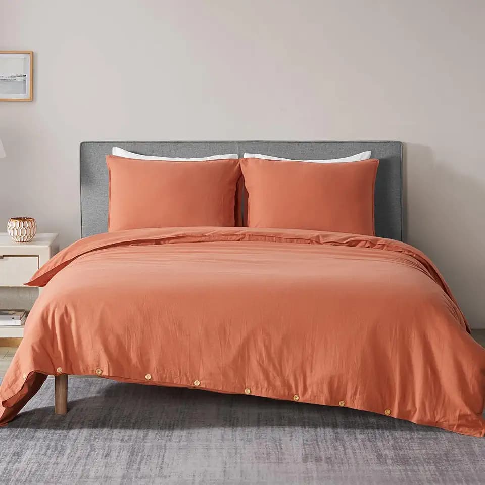 DAPU Linen Duvet Cover King, Washed Lightweight Bedding Set with Buttons Closures, 3 PCs Hypoallergenic Soft Linen Cotton Blend Duvet Cover Set with Multiple Corner Ties (Rust, King)
