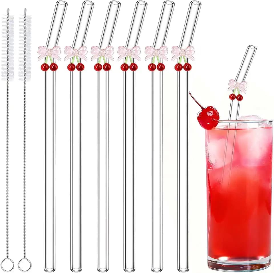 6 Pcs Reusable Glass Straws, Cute Cherry and Bow Designe
