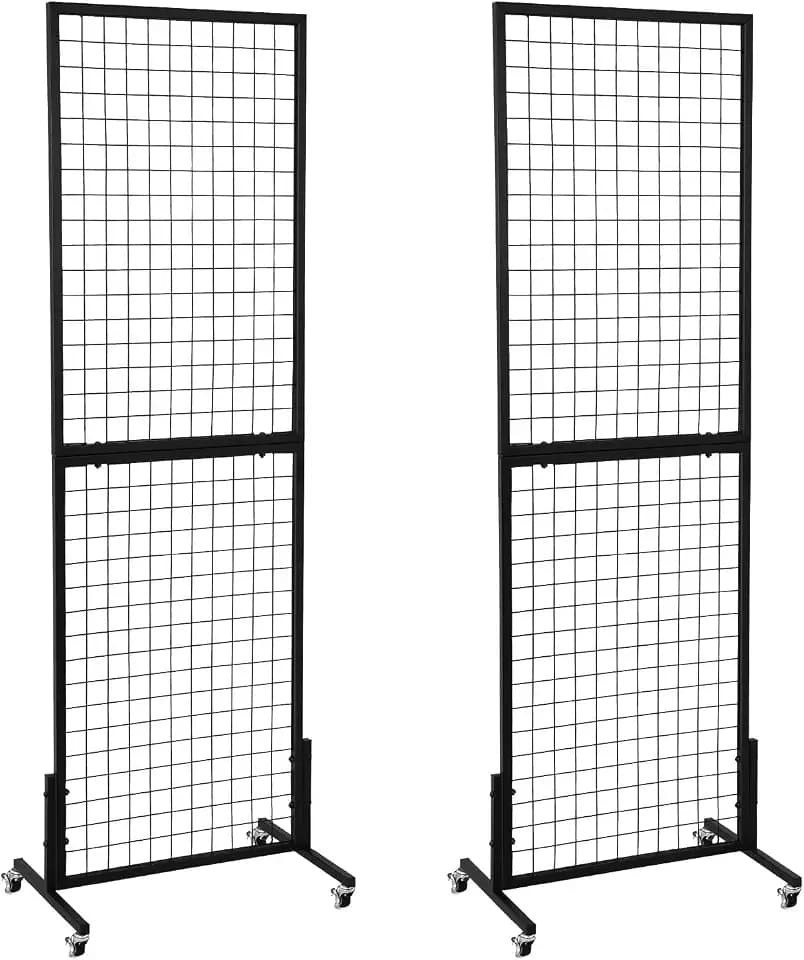 2 Packs 1.8' x 5.7' Grid Wall Panels Standing Wire Grid, Display Rack with T-Base Wheels Freestanding Gridwall Panel Tower for Shows, Black