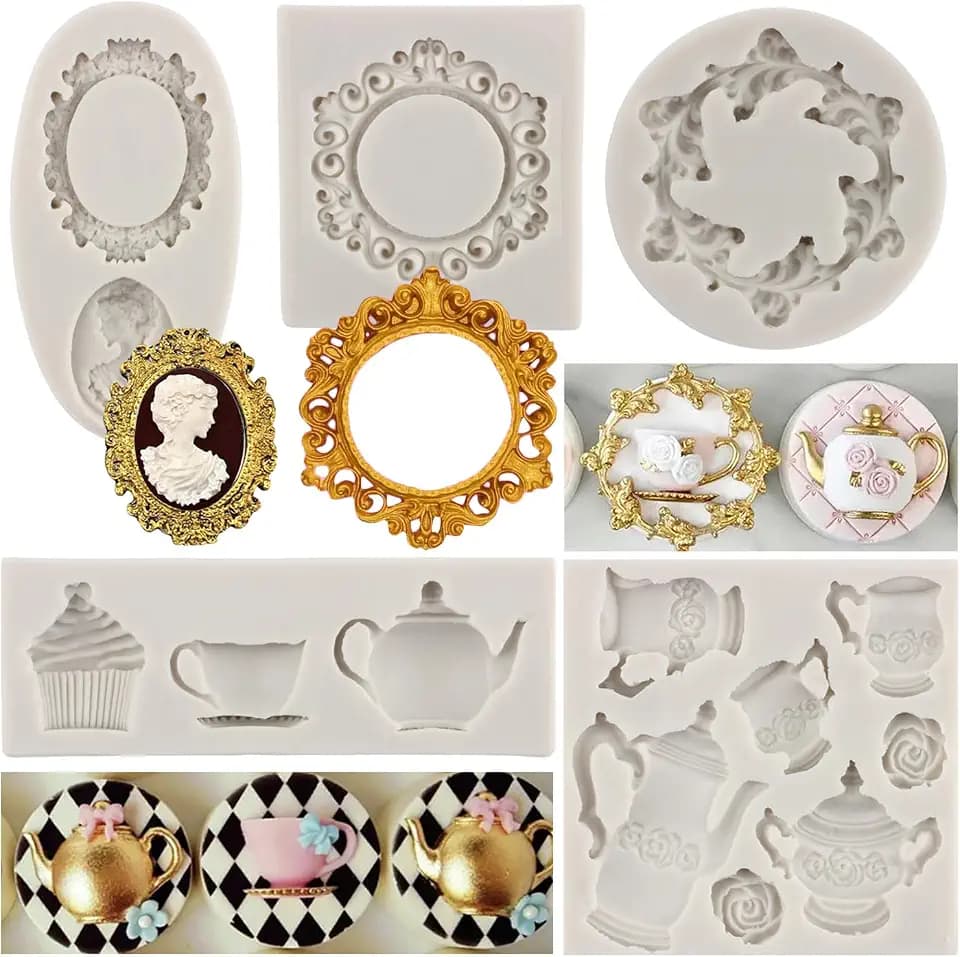 Tea Party Cake Molds Cameo With Picture Frames Silicone Mold Teapot Tea Cups Wreath Chocolate Mold For Flower Cake Decoration Cupcake Topper Candy Polymer Clay Gum Paste Set Of 5