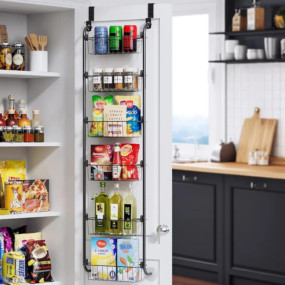 Delamu Narrow Over the Door Pantry Organizer, 6-Tier Metal Pantry Door Organization and Storage for Easy Install, Hanging Spice Rack Seasoning Shelves for Cabinet & Kitchen, D5 x W13 x H50 inch, Black