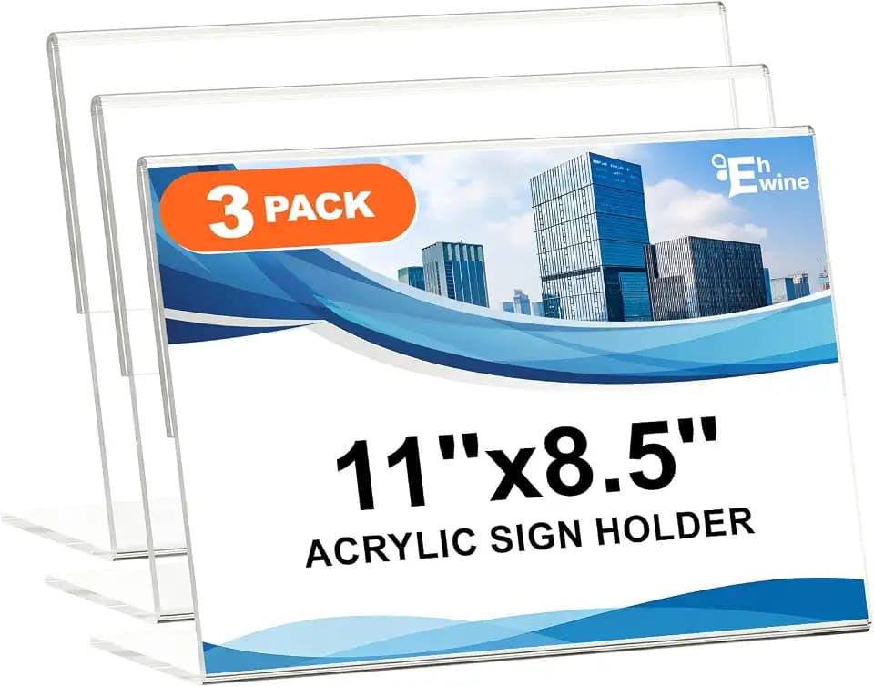 EHWINE 3 Pack 8.5 x 11 Acrylic Sign Holder Horizontal, Clear Plastic Signs Display Stand, Slanted Back Paper Holder Stand up Table Top Sign Holders Flyer Stand Frames for Office Business Store