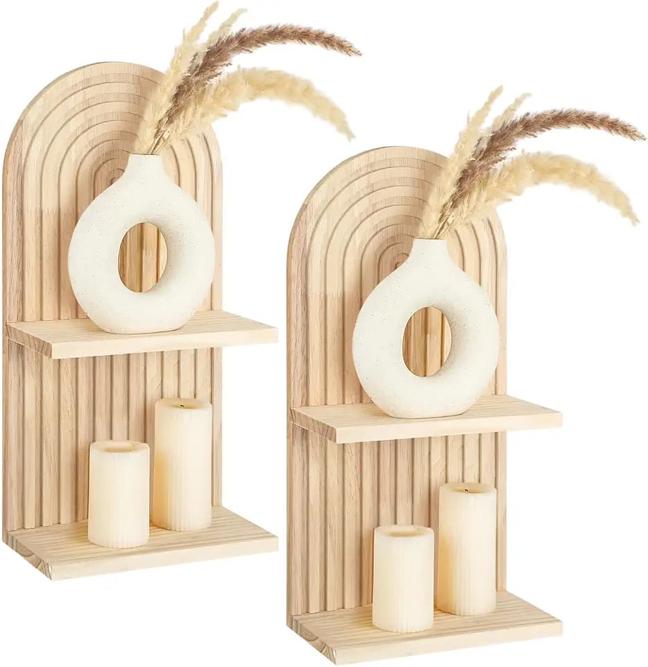Geetery 2 Pcs Boho Wall Shelf 2 Tier Arch Wooden Floating Shelves Mid Century Rainbow Wall Shelf Hanging Holder Double Vintage Mount Altar Decor for Nursery Bedroom