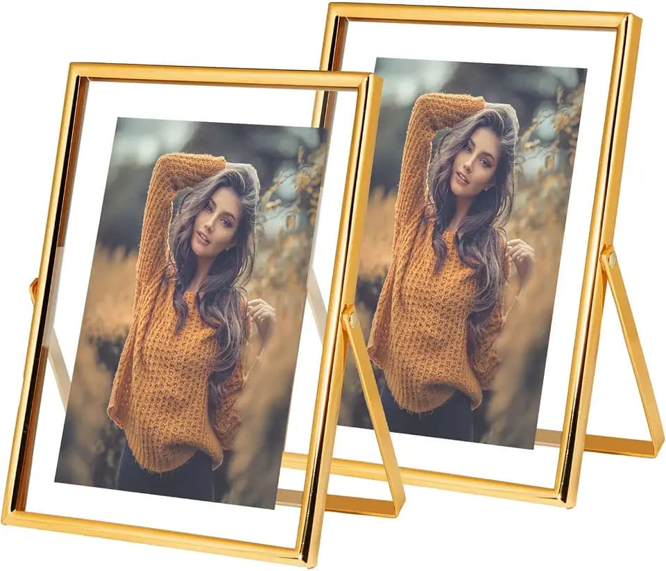 Xinkerco 5x7 Gold Floating Picture Frames (2 Pack), Tabletop Metal Tempered Glass Frames for Picture 4x6, 3x5, Gift for Birthday, Festival, Wedding, Home or Office Decor