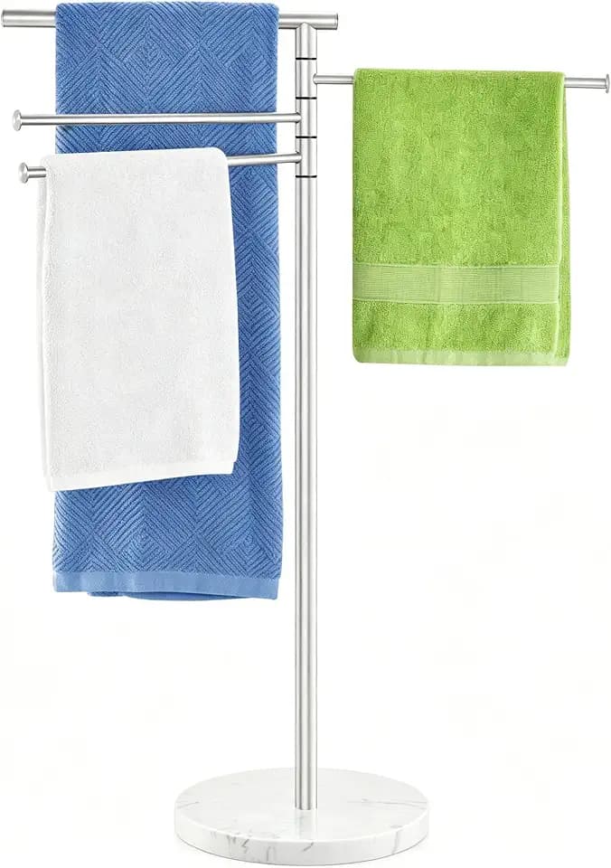 40 Inch Tall Towel Racks for Bathroom, Freestanding Towel Drying Rack with Weighted Marble Base, Stainless Steel, 4 Swivel Arms, Chrome, YOFOVI