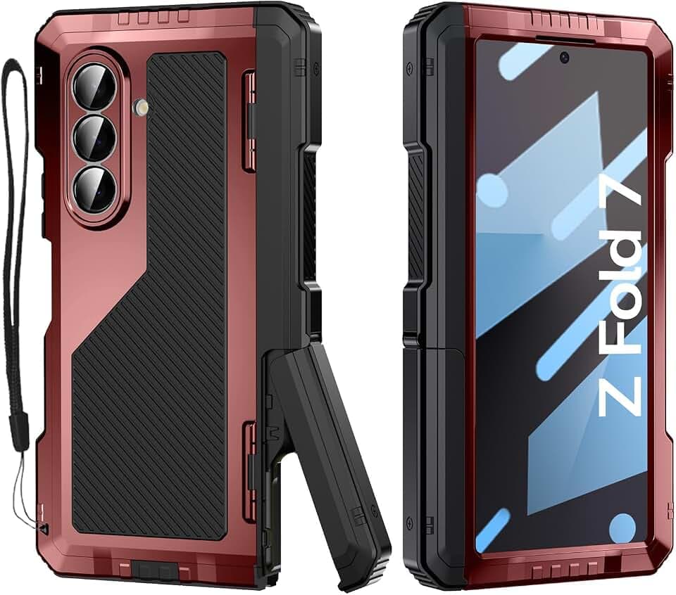 Rugged Armor Case for Samsung Galaxy Z Fold 7 5G, Military Grade Shockproof Protective with Kickstand, Built-in Screen Protector, Metal Bumper & Full Hinge Protection Cover, Red