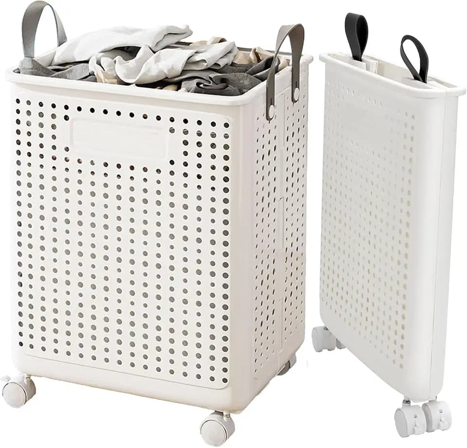 55L Collapsible Large Laundry Hamper, laundry basket plastic,Laundry Basket with Wheels,Suitable for Bathroom, Bedroom, Dorm Room & Laundry Room,Basket with Handle (White)