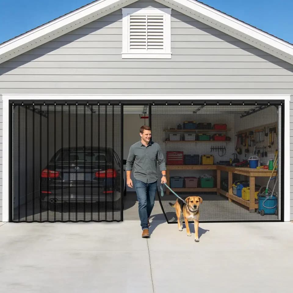 Sliding Garage Door Screen with Track Closure 8x7FT for 1 Car Garage, Magnetic Screen Door with Retractable Fiberglass Mesh Let Breeze in, Heavy Duty Weighted Bottom, Easy Assembly Also for Patio