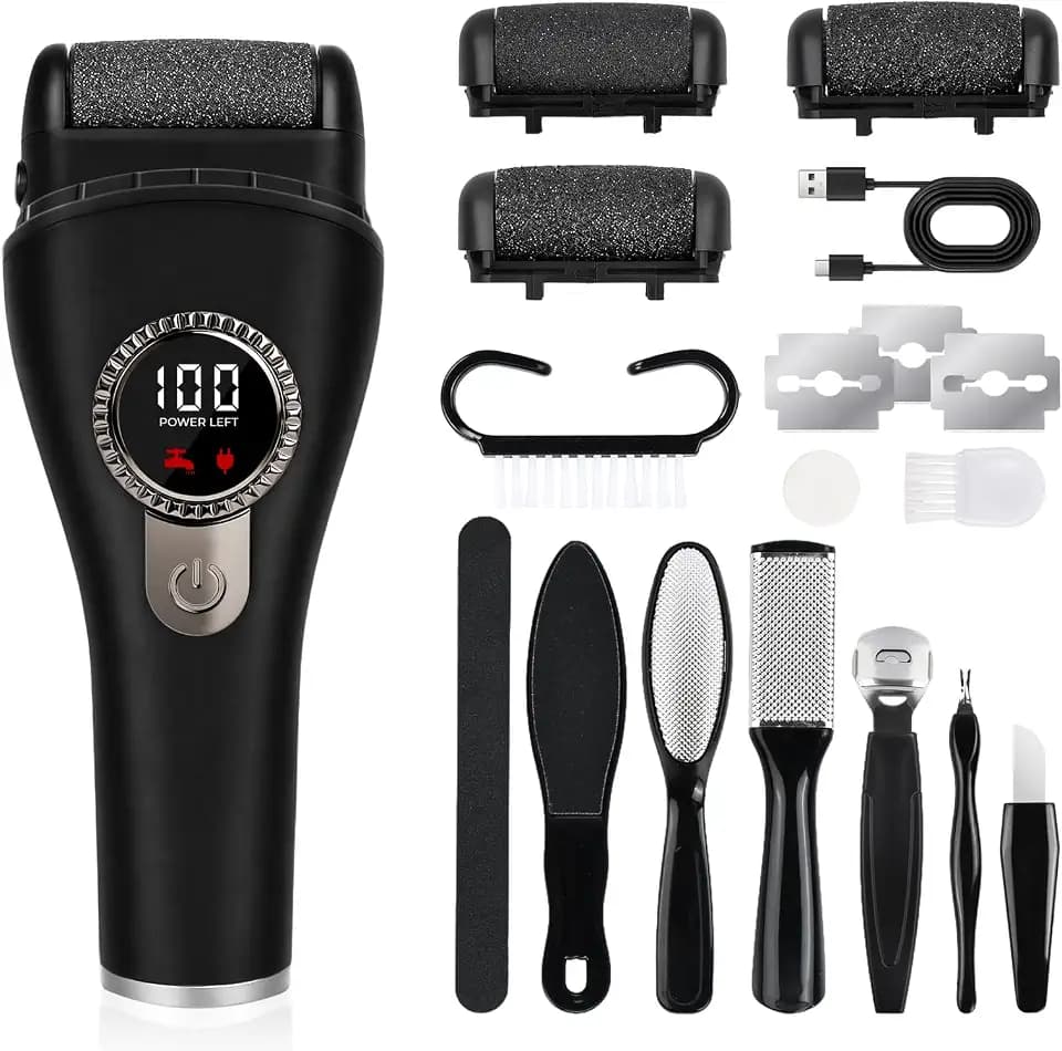 Hornhautentferner Elektrisch Set, Elektrische Fußfeile mit 3 Geschwindigkeiten, 1200mAh, LED Anzeige & Licht, Wassergeschützt, Fußpflege Set mit Ersatzrollen und Pediküre Zubehör