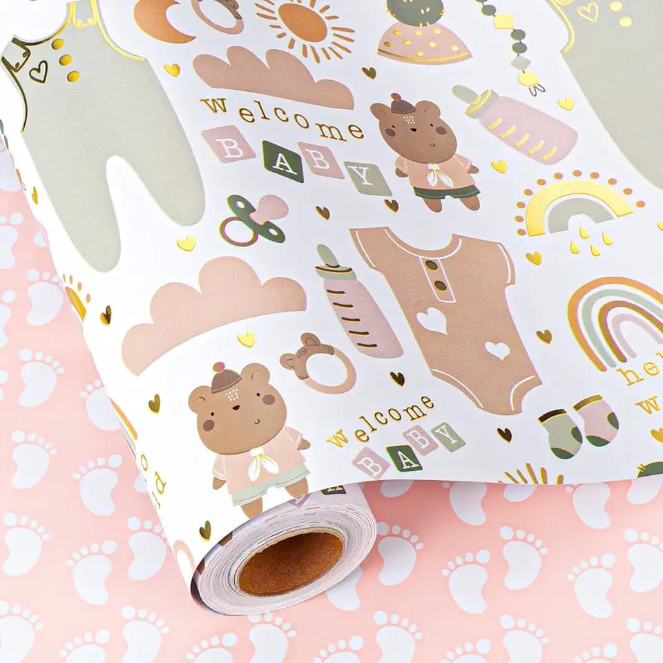 MAYPLUSS Baby Shower Wrapping Paper Roll, 17IN x 33FT Metallic Gift Wrap