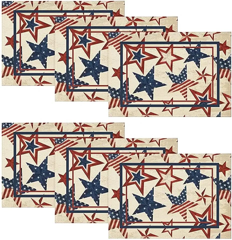 Artoid Mode Stars Stripes 4th of July Placemats Set of 6, 12x18 Inch Patriotic Memorial Day Table Mats for Party Kitchen Dining Decoration Beige