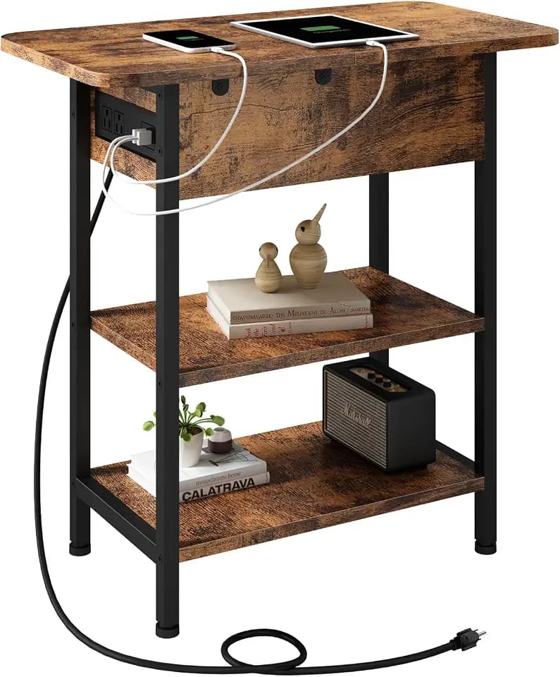 End Table with Charging Station, Flip Top Side Table with Storage, Brown
