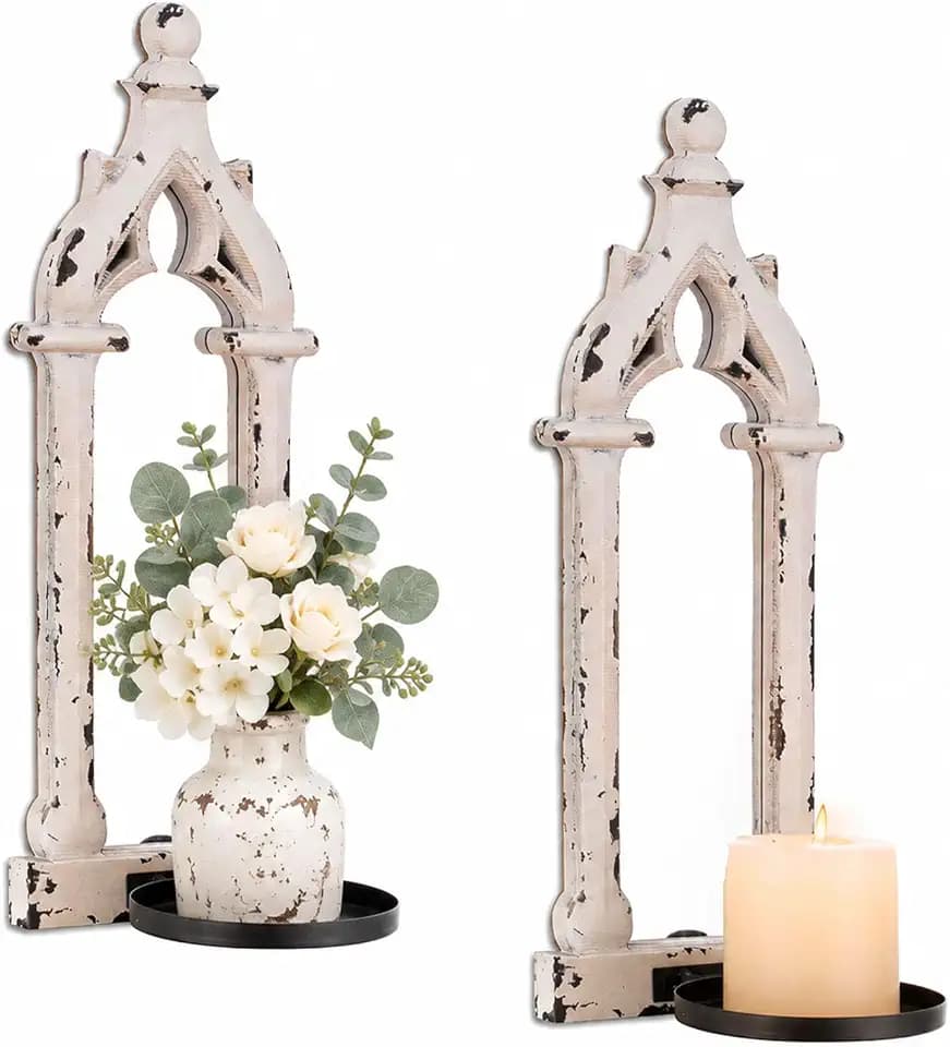 Wall Candle Sconces Set of 2 with Real Mirror, Distressed White