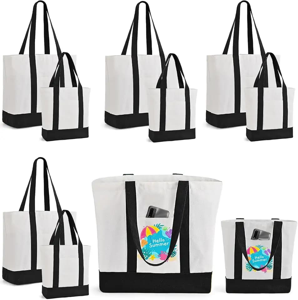 10Pcs Canvas Tote Bag Bulk with Outer Pocket, 12oz Canvas Tote Bags