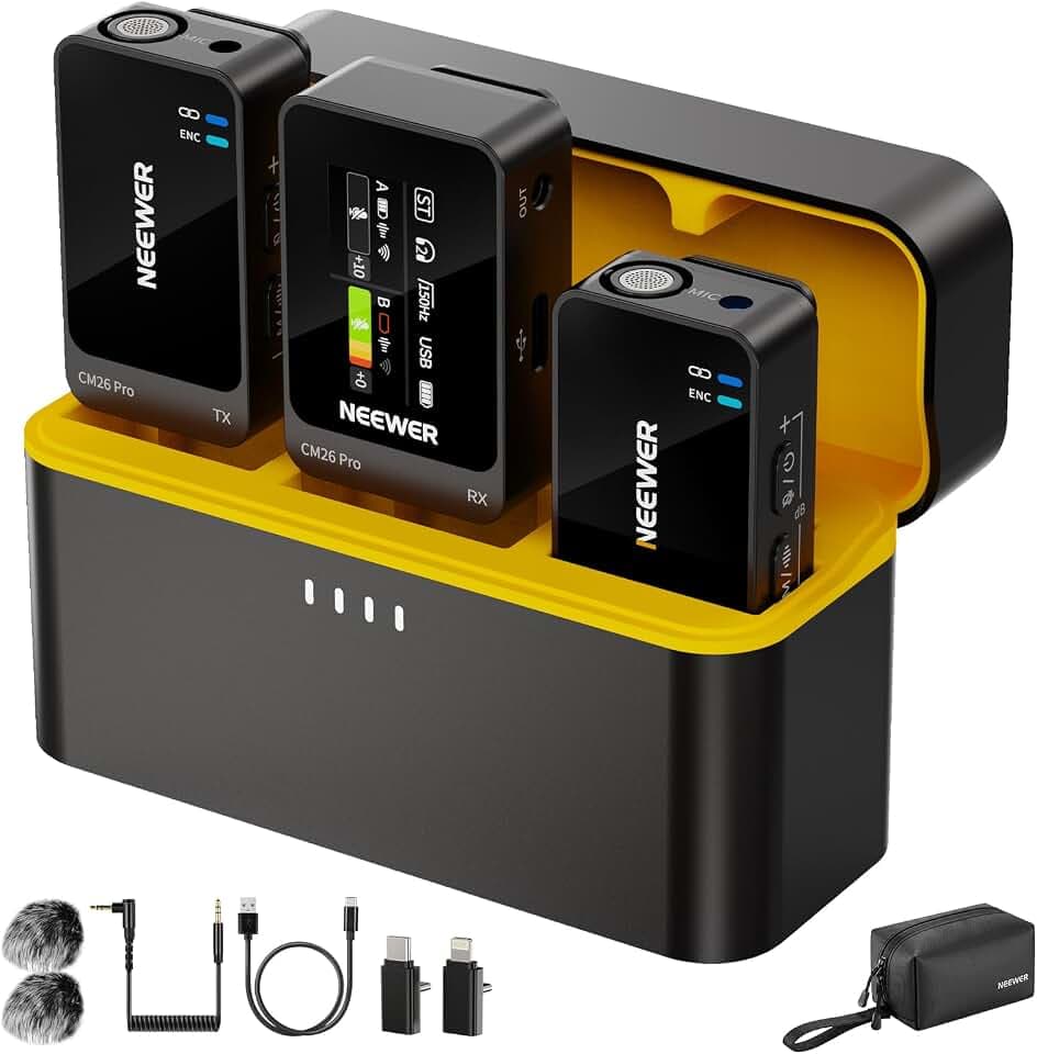 NEEWER CM26 Pro AI Drahtloses Mikrofon kompatibel mit iPhone Android Kameras PCs, Ansteckmikrofon DSP/MCU Mute Gain Low Cut 48 kHz/24 Bit, 88dB SNR, 50 Std. Akkulaufzeit, 100m Reichweite