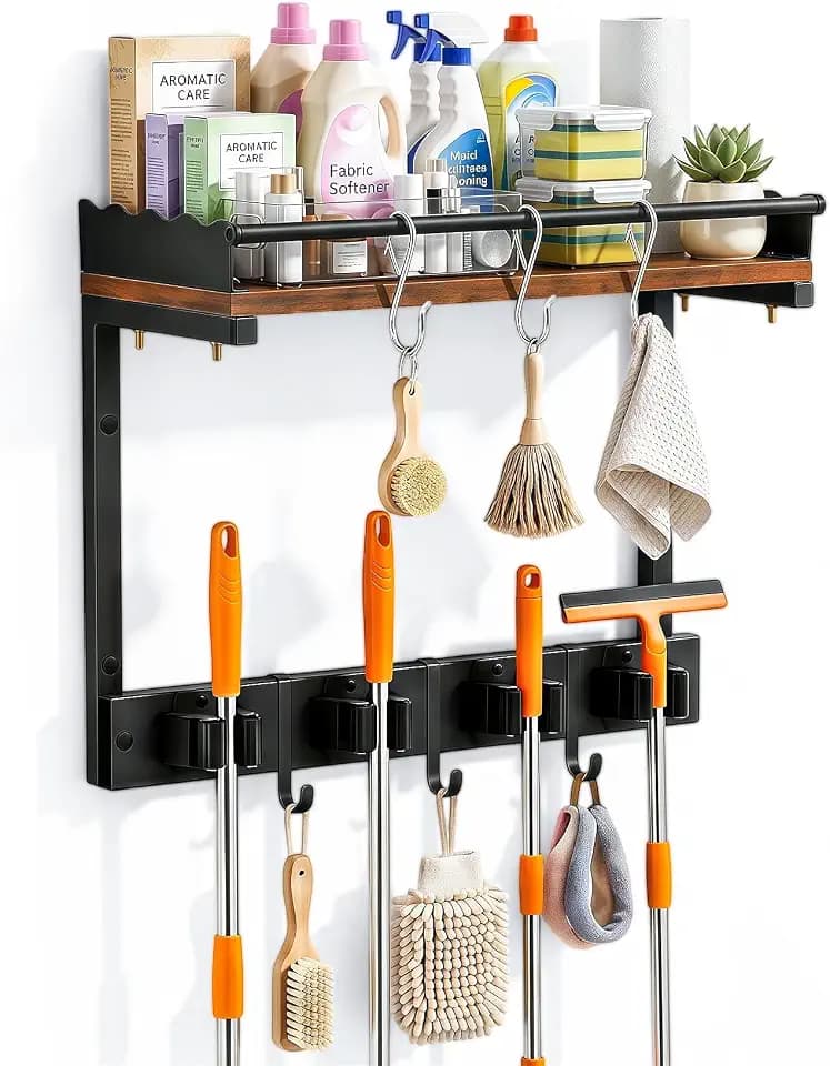 Broom Holder Wall Mount, Heavy Duty Broom and Mop Organizer Wall Hanging with Vacuum Stand, 5 Grippers & 10 Hooks, Utility Racks with Wood Shelf & Guard, Laundry Organization & Storage (S)