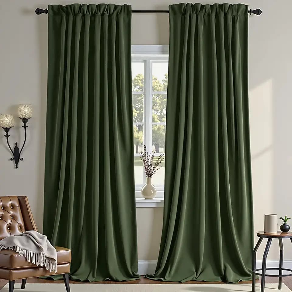 Nemia Olive Green Velvet Curtains Thermal Insulated Blackout Curtain for Bedroom Window Living Room Darkening Luxury Vintage 90 Inches Long Heavy Drapes Panels Rod Pocket Set of 2