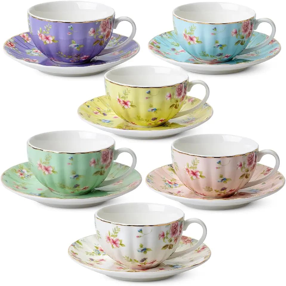 BTaT Floral Porcelain Tea Cups (7oz) - Set of 6, Rose Teacups for Tea Party