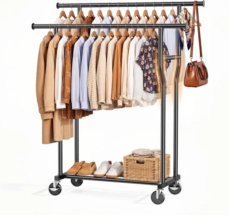 Clothes Rack, Double Rods Rolling Clothing Rack for Hanging Clothes Load 260 LBS Closet Rack with Wheels, Metal Portable Garment Rack for Bedroom Laundry Living Room, Black