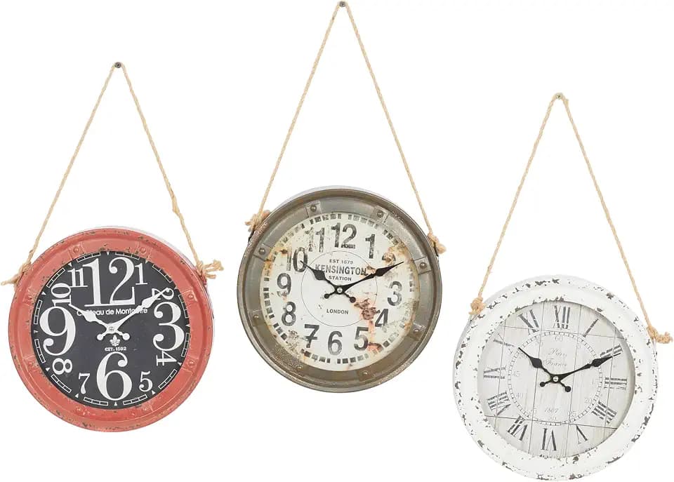 Deco 79 Metal Decorative Wall Clock Set of 3, 11" x 2" x 20", White with Rope accents