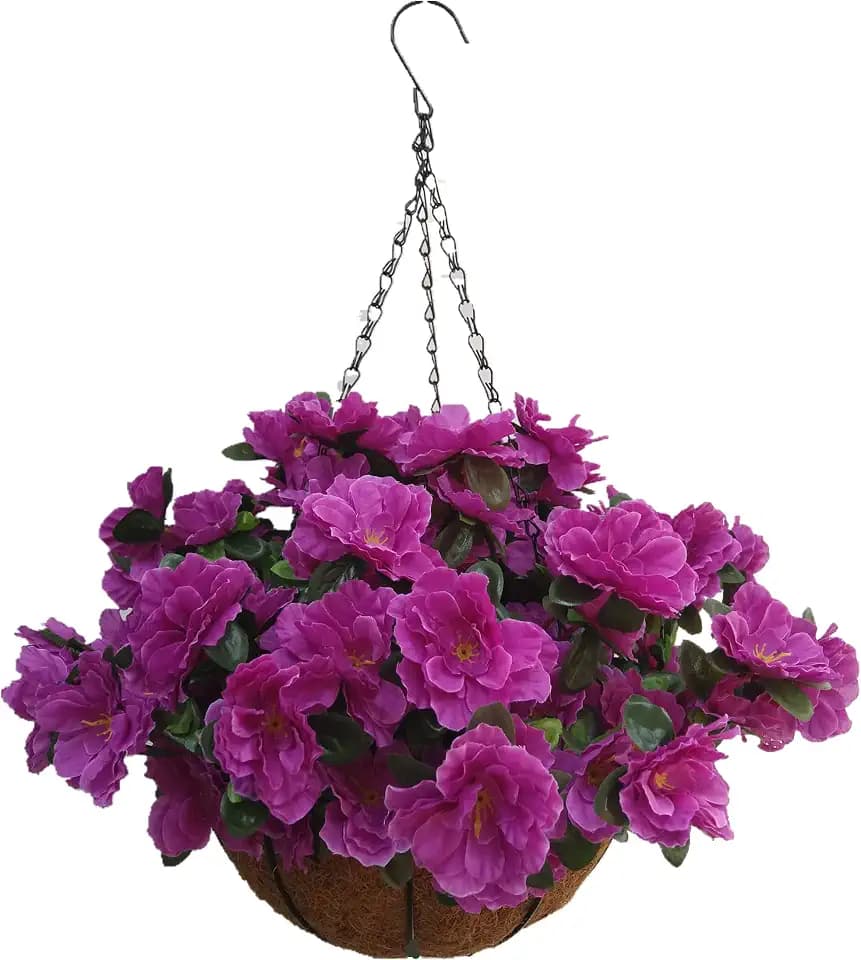 Flo Artificial Flower Hanging Basket for Home Market Outdoor Decoration Hanging Silk Flowers Basket with Artificial Azalea Flowers Purple (Big Basket and Artificial Flowers) Flo