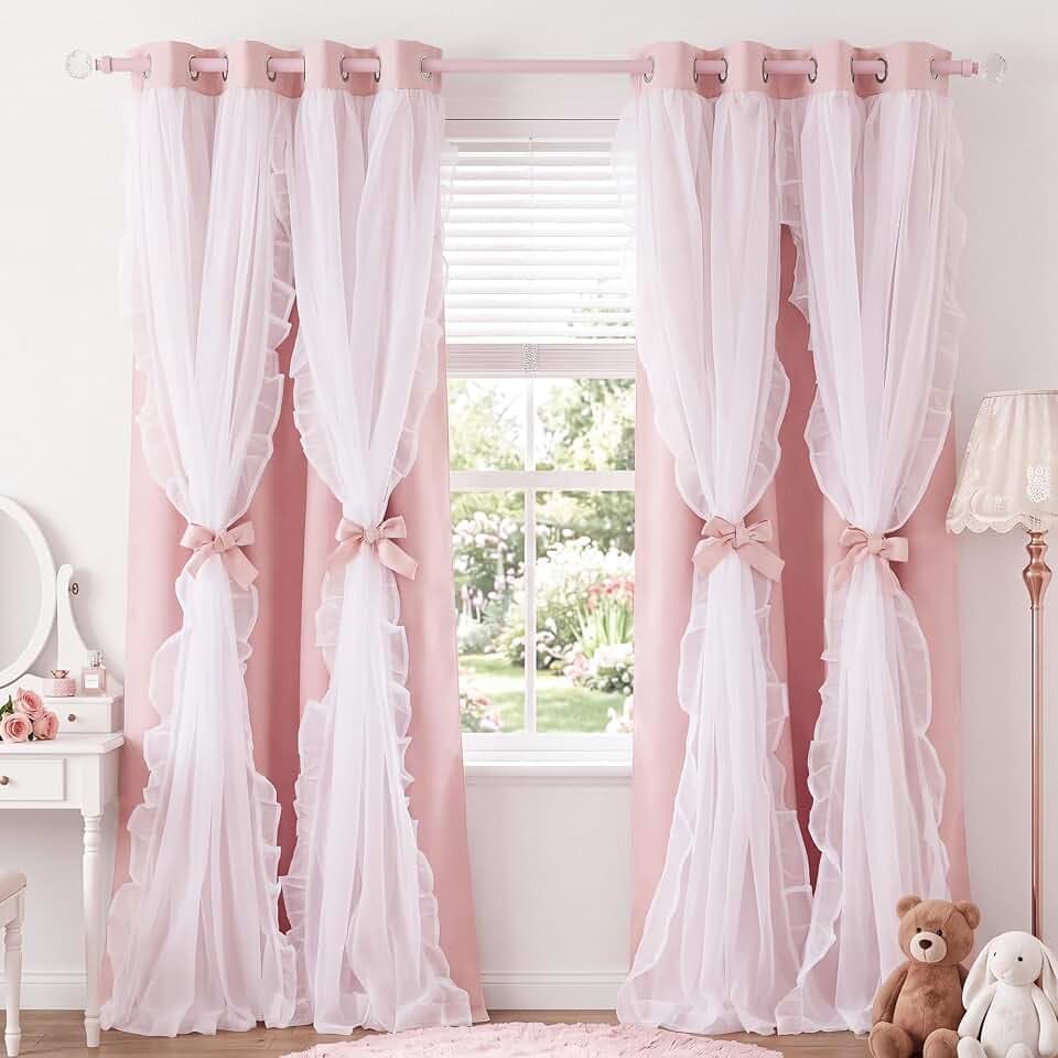 PONY DANCE Girls Curtains for Bedroom Decorative Drapes for Kids Double Layer Curtain Ruffle Sheer Overlay Room Darkening Pretty Chic Princess, 52x95 inch, Rose Blush, 2 PCs
