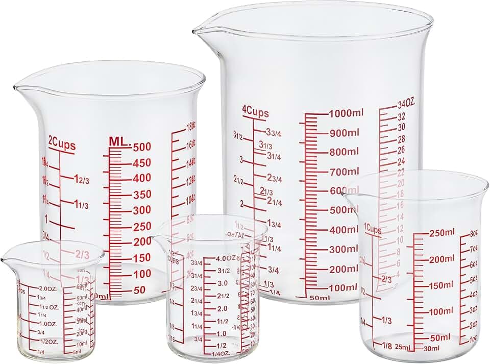 Ackers High Borosilicate Glass Measuring Cup Set with Pour Spout,60ml(2OZ),120ml(4OZ), 250ml(8OZ), 500ml(16OZ), 1000ml(32OZ) Glass Measuring Beaker for Kitchen or Restaurant, Easy to Read