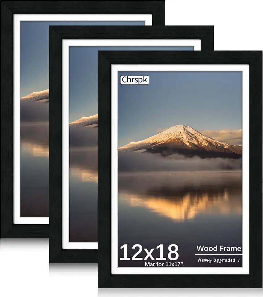 12x18 Poster Frame, Black Wood Frame with 11x17 Mat, 3 Pack