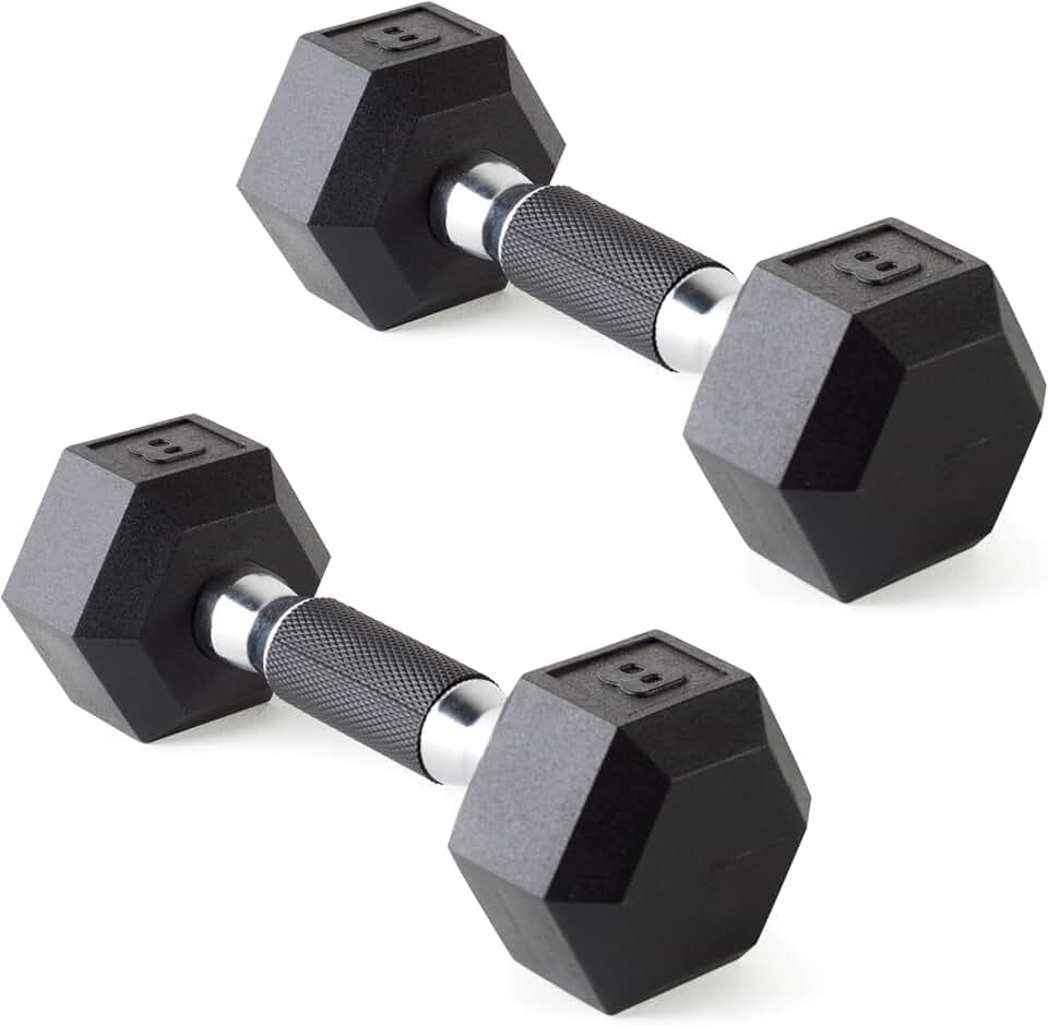 CAP Rubber Coated Dumbbell Weights, Free Weights for Home Gym Strength Training, Anti-Roll Hex Dumbbells with Black, Chrome & Comfort Grip Handles, Pairs & Sets
