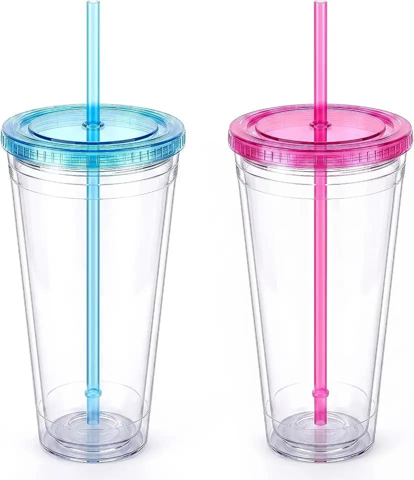 Zukro Clear Double Wall Plastic Tumbler with Lid and Straw 32 oz, 2 Pack