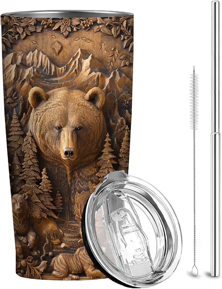 Bear Tumbler 20oz Stainless Steel Travel Cup with Straw, Rustic Brown Wildlife Design Insulated Coffee Cup for Men, Camping Outdoor Lover Gift, Cabin Mountain Forest Birthday Present