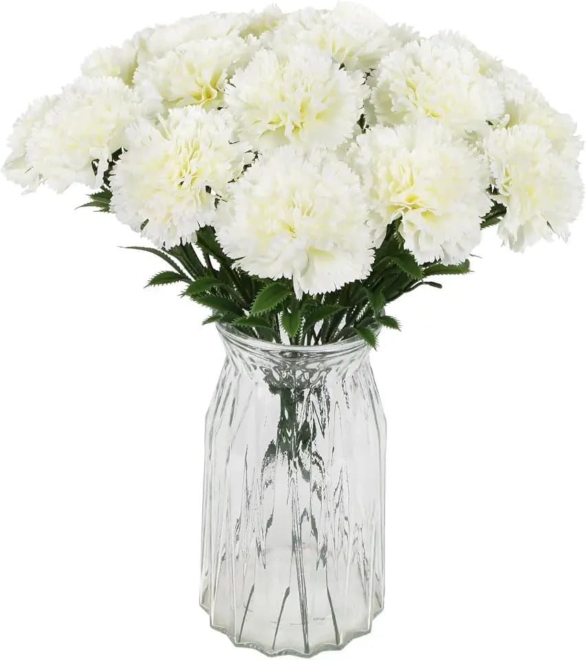 16PCS White Carnations Artificial Flowers 14.8'' Fake Carnation Silk Flowers with Stems Faux Carnations Flowers for Home Table Centerpiece Wedding Decor Floral Arrangements (Ivory White)
