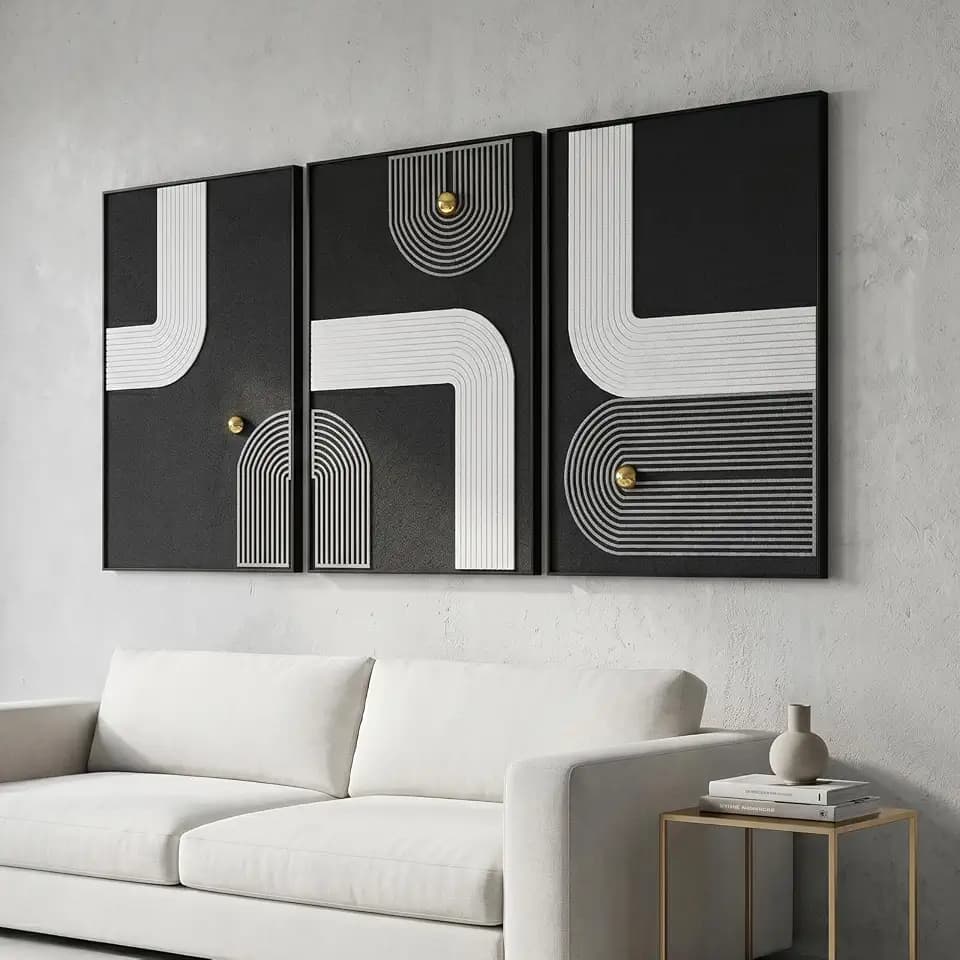 AMAATE 3Pcs 3D Sandstone Relief Art, Black Frame Gold Sphere Abstract Decor