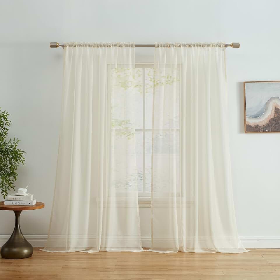 HLC.ME Champagne Beige Sheer Voile Window Treatment Rod Pocket Curtain Panels for Bedroom, Kitchen, and Living Room (54 x 72 inches Long, Set of 2)