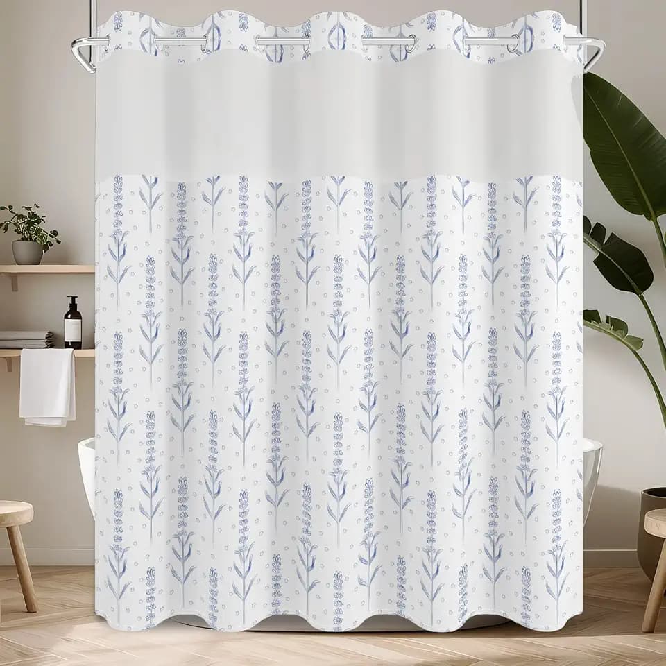 Boho Blue Floral No Hook Shower Curtain and Liner Set, 71x74