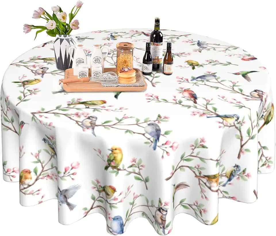Spring Summer Tablecloth Round 60 Inch, Birds Branch Floral Table Cloth Washable Table Cover for Party Picnic Kitchen Dinner Decor